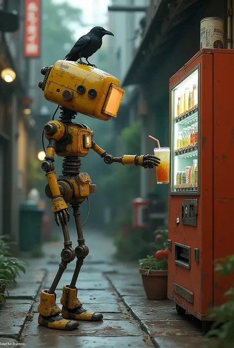 A lank and slender robot but made of boxy parts, spindly legs, orange and white robot buying a drink from a retro japanese vending machine.  Robot has a very simple old school display at the front, A raven nesting on the robots head, protruding devices, ma...