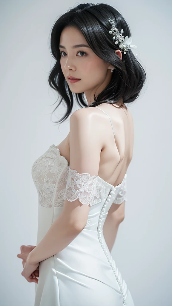 woman、Criminal、Age 35、(((( black medium hair flowing backwards)))), (((( Pure White Wedding Dress)))), The background is a chapel with a view of the ocean、Oblique eyes、High image quality、masterpiece、If you look over here 、Alone、 anatomically accurate、 Hi-R...