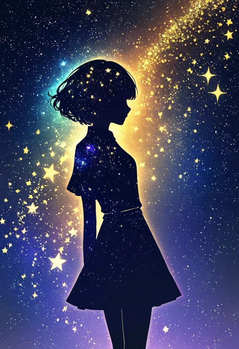 ((   glitter))、Shine絵 、  one woman,Black silhouette, galaxy silhouettes ,シルエット内部がShine, Imaginary,grow up,  lots of stars,pop stars ,Shine星,White ,Shine ,yellow,Unity,  光がShine  ,    visible from afar 