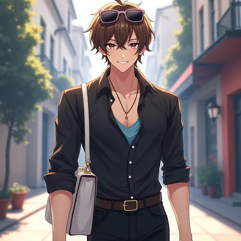 A beautiful 20-year-old anime fantasy boy who is rich, his brown hair shines in the light, his lips are like a beautiful smile, he wears black jeans pant and blak-colored shirt with open buttons, with a sky blue top underneath. A precious white bag in his ...