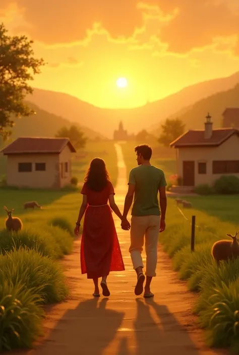 "Pari and Raju walking back home together through the village, smiling with contentment and joy, as the sun sets over the peaceful landscape."