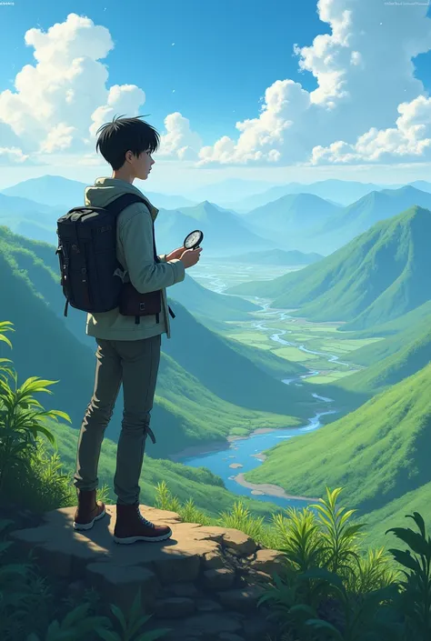 Doyoung a korean cute guy standing on a hill, looking at the horizon with a determined expression, holding a compass.,  ANIME MANGA (LANDSCAPE) make them cute handsome and hot both