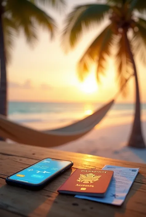 A professional travel service advertisement. A serene sunset scene on a tropical beach with white sand and a hammock. In the foreground, a passport, boarding pass, and a smartphone displaying a flight booking app lay on a rustic wooden table. The text "¡De...