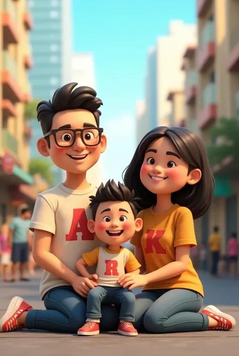 Create animated 3D illustration of Indonesian married couple with boy sitting with city background, in casual dress shirt with name  "a"  on her husbands t-shirt and name  "k" on his wifes t-shirt and writing name  "R" wearing his sons shirt 