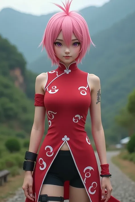 Realistic photo of a cosplayer girl, she is cosplaying sakura from Naruto