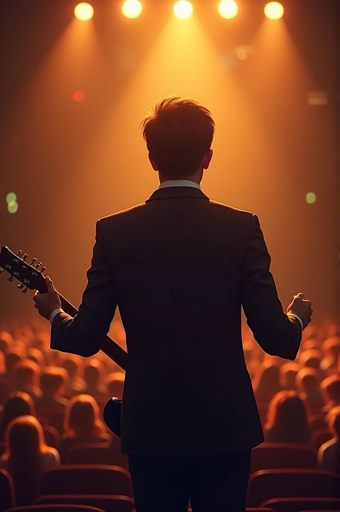 A man singing is stage with gitar . This is college audiotorium . And man hieght is 5 foot 5 inch . He wear a formal dress. Generate a image of his backside do not show face only show man and audience and his hieght and hair