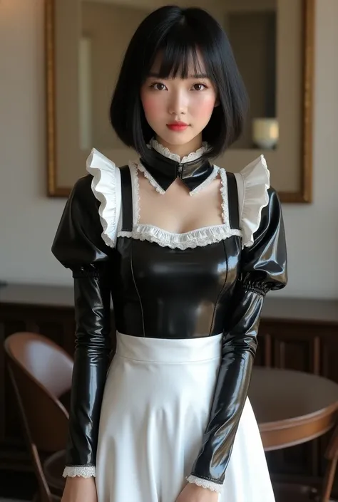 An Asian girl with short black hair, dressed in a sleek black latex maid dress. The outfit features classic maid elements like a white apron, lace trim, and a frilly neckline. She has a confident, poised expression and is standing in a stylish, contemporar...