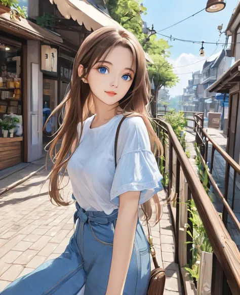   a girl  、 charming,   Beautiful blue eyes  、 two brown buns 、Long hair、 casual outfit 