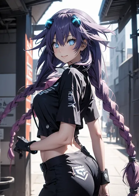 Posando para la foto contenta Masterpiece picture quality，Rainbow，Urban girl，ssmile，number art，style of anime，Retro anime girl，Punk girl，in an anime style，dual horsetail，Trendy，neonlight，depth of fields, perfil lateral delantero, ropa urbana ajustada, 