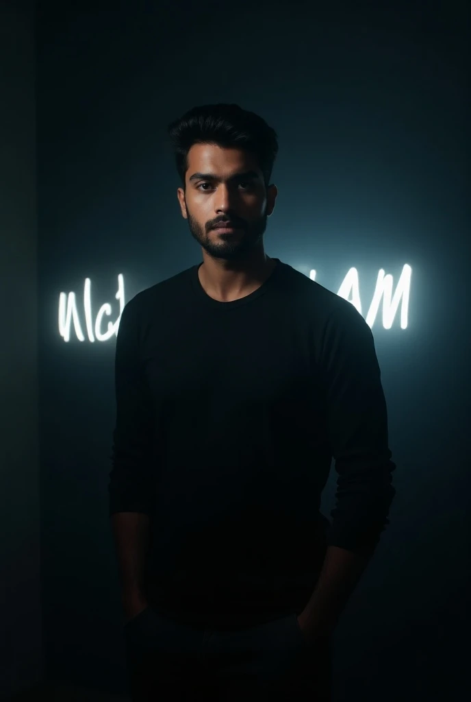 Create a highly realistic portrait of a 26-year-old Bangladeshi man named MD Nayeem Islam, standing in a dark room. He is wearing a blackblazer and a white shirt. The lighting should be dramatic, focusing on his handsome face with a light stubble, giving h...