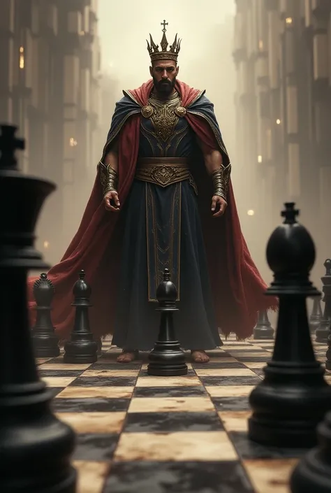 A king fighting with other pieces on chess board surface 