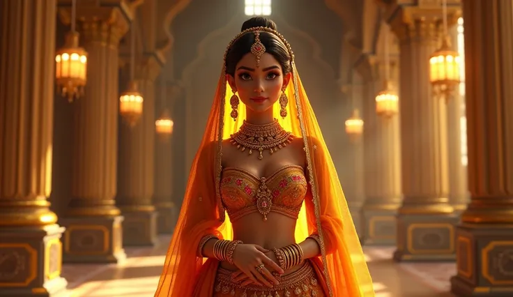 Mandakini stands in the royal palace, her posture erect with an expression of pride and superiority. Her sculpted face is adorned with a confident, almost haughty smile, and her large almond-shaped eyes gleam with a sense of entitlement. Her orange-gold le...