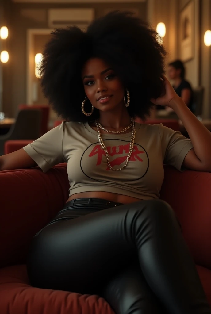 A curvaceous Black woman in a fitted, cropped graphic tee with a small, subtle cutout at the neckline, paired with high-waisted faux leather leggings and ankle boots. She accessorizes with a chunky chain necklace and bold hoops, her hair styled in a volumi...