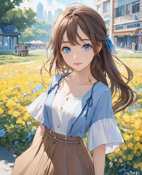   a girl  、 charming,   Beautiful blue eyes  、 two brown buns  、Long hair、 casual outfit 