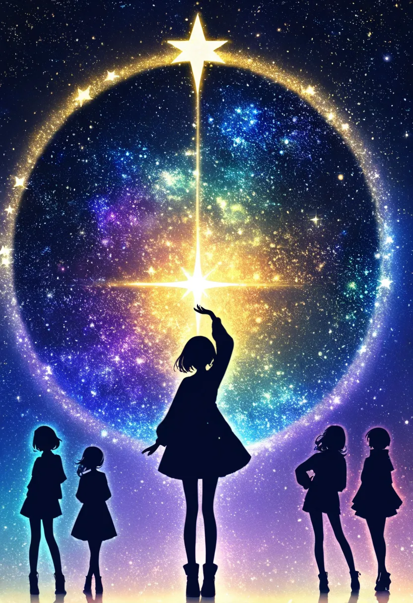 ((   glitter))、Shine絵 、  one woman,Black silhouette, galaxy silhouettes ,シルエット内部がShine, Imaginary,grow up,  lots of stars,pop stars ,Shine星,White ,Shine ,Blue and yellow,Unity,  光がShine  ,    visible from afar 