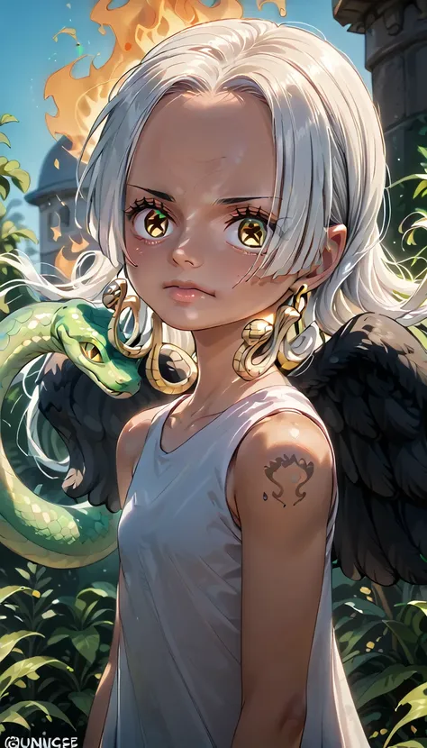 1 Girl,Earthsnake , Long Hair, white hair, Brown Skin、,  earrings for a woman alone, Yellow Eyes, symbol-shaped pupils,   black wings  ,  small breasts.  sundress,  white dress,  sleeveless, armlet、 cute、Flames on the back、