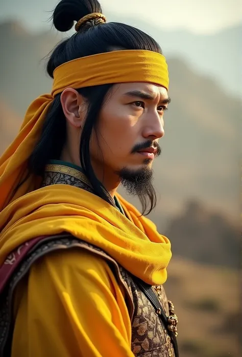 A young male general wearing a yellow headscarf from the Three Kingdoms period was looking towards the distance