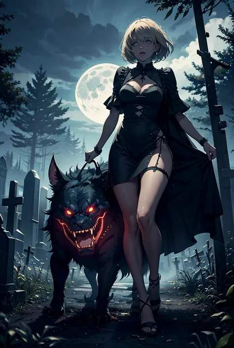 The horror-style painting depicts a tense scene taking place in a cemetery at night. It focuses on two characters: a woman with short blonde hair, wearing a revealing pink dress with a floral pattern and frilled sleeves, black stockings and bright red high...