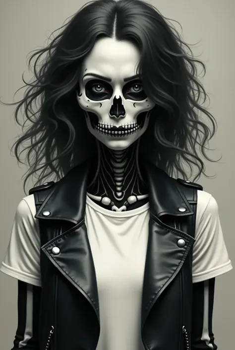 skull-faced woman with curly hair wearing white t-shirt and a black leather vest