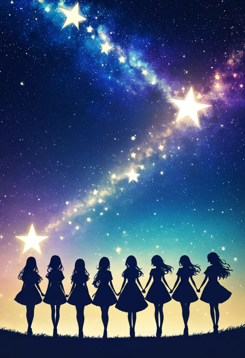 ((   glitter))、Shine絵 、 Five women,Black silhouette, galaxy silhouettes ,シルエット内部がShine, Imaginary,grow up,  lots of stars,pop stars ,Shine星,White ,Shine ,Blue and yellow,Unity,  光がShine  ,    visible from afar 