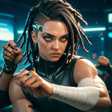 cyborg, 1_bulky_man_cyberpunk_2077, with tanned skin, dreadlocks, knuckle bandages, looking like a fighter, cyborg eyes, fighting stance, fierce eyes, narrow eyes, furrowed brows, light green eyes