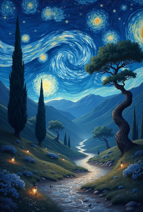 Make an original drawing thats inspired by The Starry Night and draw no humans 