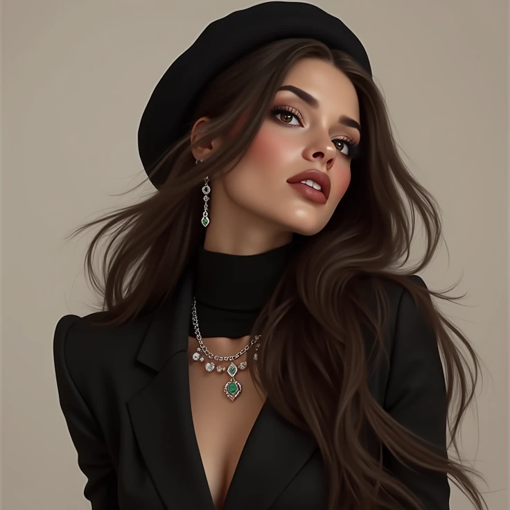  beautiful young woman, long chocolate brown hair ,brown brown eyes ,white tea, full lips nude brown, perfect and beautiful face ,russian woman,dominant look,20 years,Wear a black bitle ,fine jewelry,porcelain skin,arte digital,fanart style illustrated 