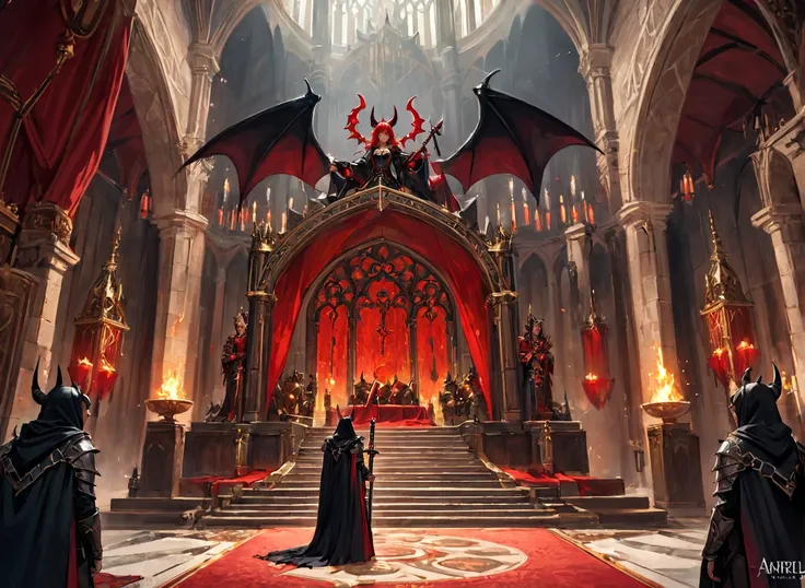 A grand throne room stretches wide with towering arches and intricate, gothic details. The camera angle is pulled back, capturing the full scale of the room. A group of adventurers stands ready for battle in the foreground: the Hero with black hair and a c...