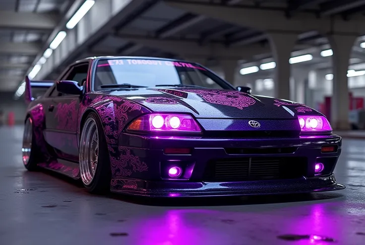 Tuned Toyota Celica 1990,black/purple colored, with beautiful dragon decals and 22" inch Rims,lowered, underbody lighting, large spoiler frontview, Pop up headlights up and the headlights shine purple