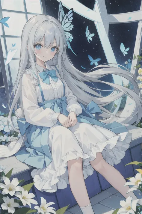 Gray hair、Very long hair · side tail on the right side · eyes of a different color 、Left eye is light blue、 right eye is gray · small breasts · white blouse · large collar · light blue cardigan · light blue ribbon on the sleeve of the cardigan · light gray...