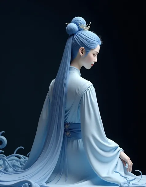 A gracefully seated blue and white porcelain figure, in profile or from behind, dressed in Hanfu, with a high bun hairstyle, hair in shades of blue, presenting an overall blue and white theme. The face is delicately exquisite, showcasing a smooth texture r...