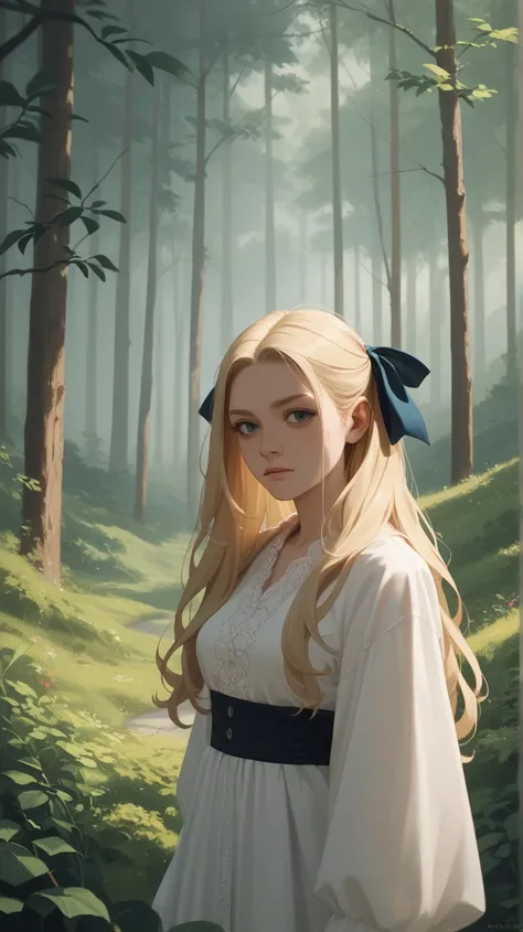  1 girl,  High Resolution, Solo, Long hair,  look at the audience, Blonde hair, shill, shillระหว่างตา, Hair Ribbon,  Masterpieces , Shiny hair, The background is a beautiful forest, the depth of the contour.,  flickering light , 