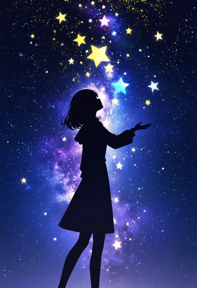 ((   glitter))、Shine絵 、  one woman,Black silhouette, galaxy silhouettes ,シルエット内部がShine, Imaginary,grow up,  lots of stars,pop stars ,Shine星,White ,Shine ,Blue and yellow,Unity,  光がShine  ,    visible from afar 