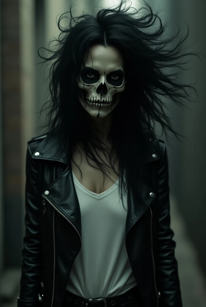 skull-faced woman with frizzy hair wearing white t-shirt and black leather vest 