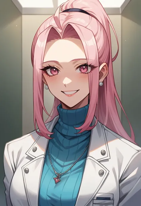 score_9, score_8, score_7, source_  animated, 1mature_FE, Only 1 woman , smile,  Pink hair,  hair in a long ponytail  , bright pink eyes , Apollo blue sweater  ,  Long sweater  ,  doctors white coat  ,  black lace tights , Background of a hospital room, cu...