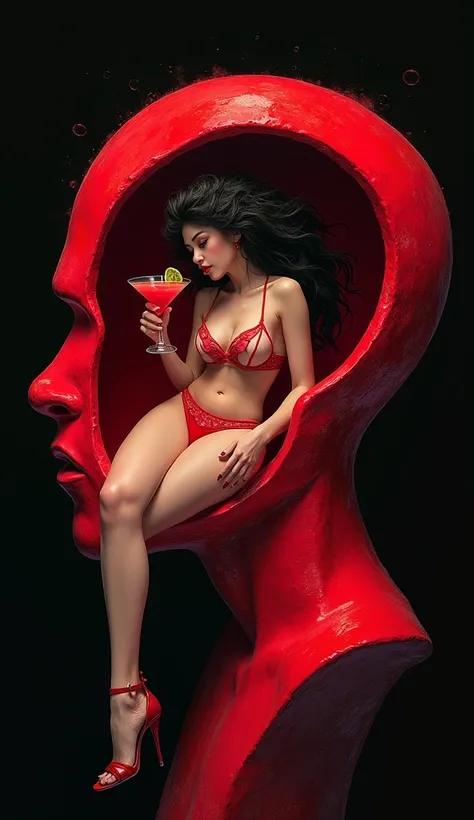  girl with cocktail




sits inside a mans anthropomorphic head. 




 top quality HD . Surrealism.  ink painting style on black , bimba girl ,  abundance of red black .Lush bust, Curvy hips,  ultra-mini bikini .  sexualized image .