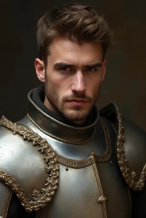 A Knight in ornate plate armor,  Brown Hair , piel Blanca,  short hair, little beard.