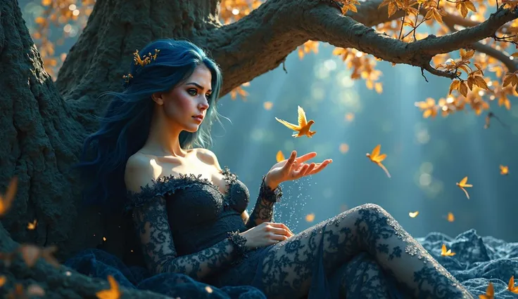 ultra realistic professional full body camera   ((, Ethereal blue-haired goddess in an intricate black lace dress with crystalline patterns that seem alive, dress flowing impossibly through space like liquid shadow and starlight. The dress reveals elegant ...