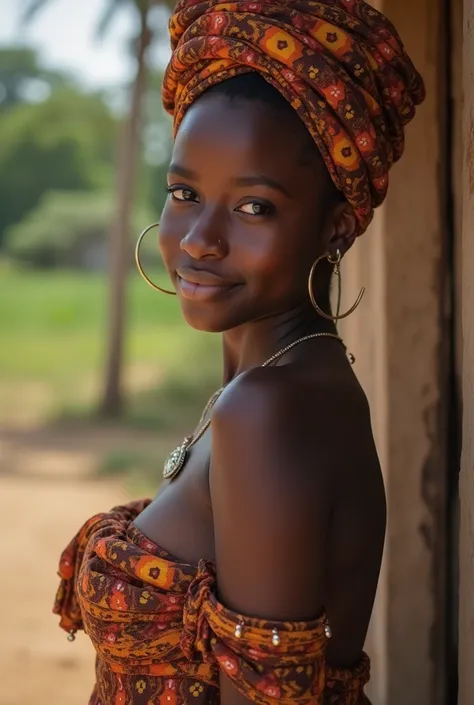 Fourteen years old, thick, Jeune fille ivoirienne souriante rurale en tenue traditionnelle, décolleté sexy, medium seins (1.3),Beau, foulard traditionnel ghanéen, bijoux simples, poser pour la photo, regarder directement le spectateur, very Gros seins, pos...