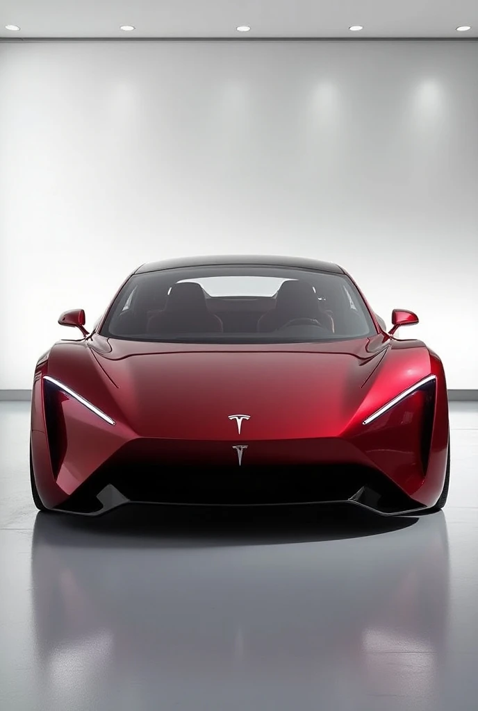 New 2025 New design Tesla Model Left view  Red Shiny exterior showroom showcase background Logo