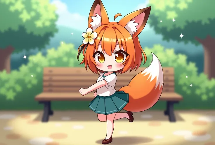  Short orange hair, fox ears, bald tail, golden eyes, playful smile, anime, Anime style, Angle, Lens glare, Shine,  Hair flower ,  best quality, solo, 1 girl, in a skirt and top , dancing outside on a bench