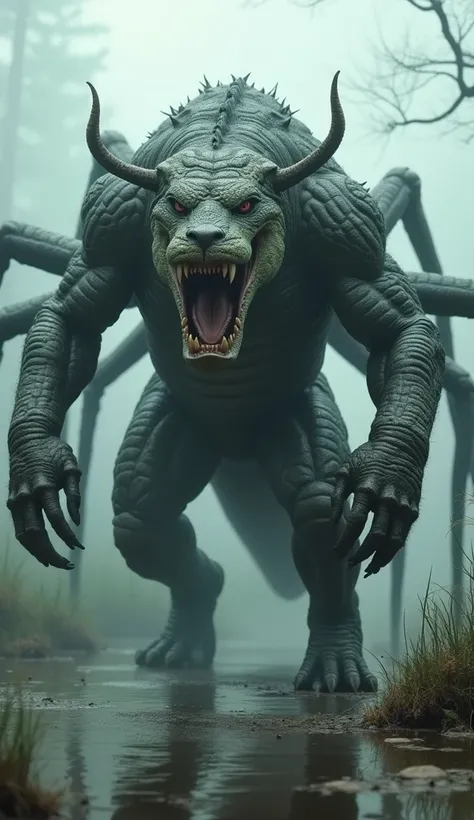 "A fierce, colossal fusion creature with a muscular, scaled body, massive saber-like fangs, and spider limbs protruding from its sides. It has the bulk and armored hide of a crocodile with the powerful limbs of a tiger and the deadly agility of a spider. S...