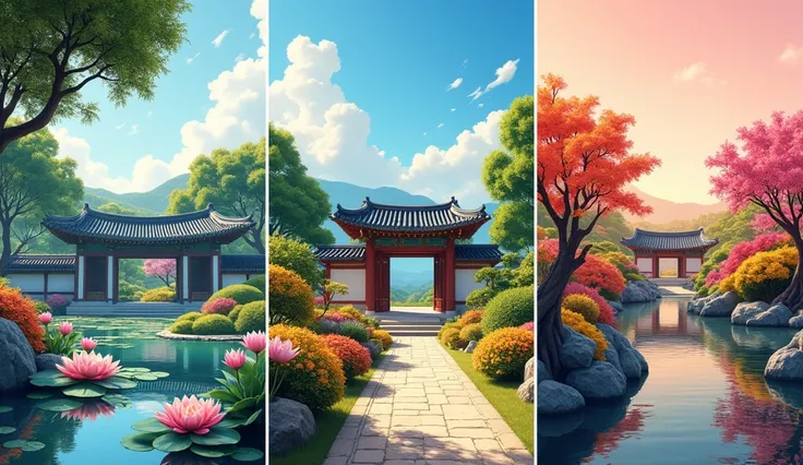 Create a vibrant and visually engaging thumbnail that showcases the beauty of three iconic Korean gardens. The thumbnail should have a split design with three sections, each representing one of the gardens featured in the video: Left Section: Show a serene...