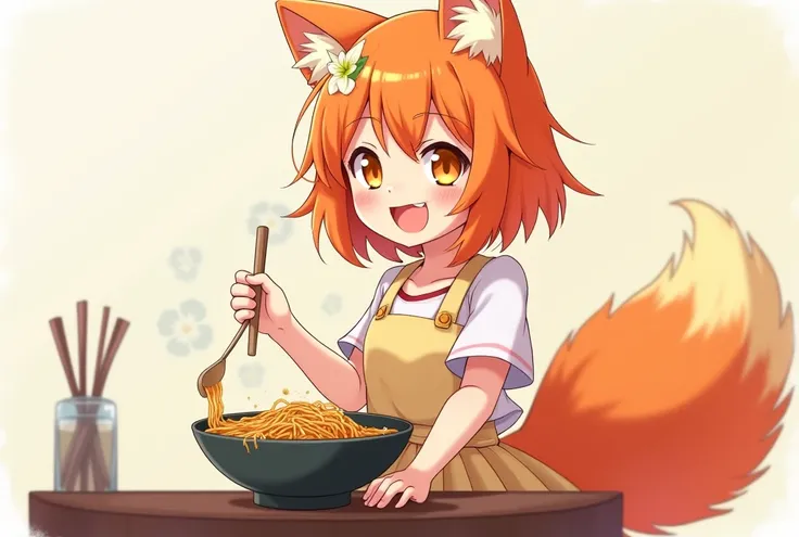  Orange hair short, fox ears, bald tail, golden eyes, playful smile, anime, Anime style, Angle, Lens glare, Shine,  Hair flower ,  best quality, solo, 1 girl, in a skirt and top , cooks ramen 