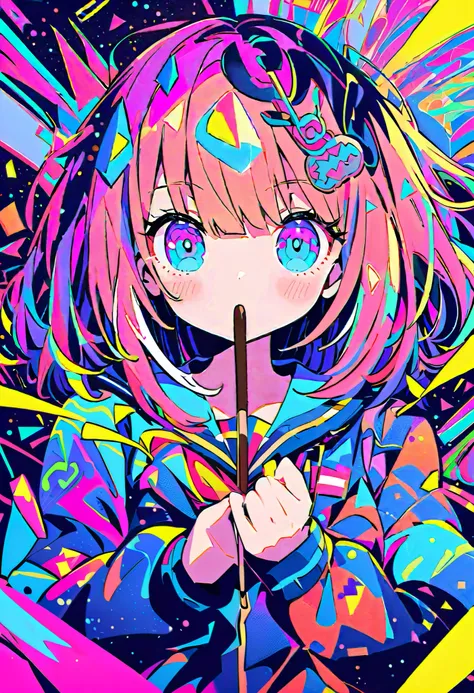 {worst quality, low-quality}, girl face within a vivid and abstract collage of colors and patterns. (Girl in sailor suit)), ((With pocky in hand)), ((Perfect hand:1.2)), The composition includes a variety of shapes, lines, and textures, all in bright and c...