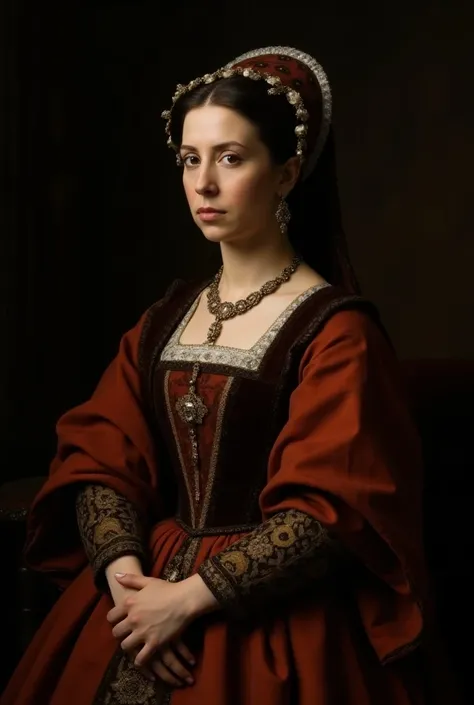 A Renaissance-style portrait of Queen Catherine of Aragon, depicted in rich Spanish attire, with a solemn expression. She wears a traditional headdress, fine jewelry, and an ornate gown, symbolizing her royal heritage. Her face shows resolve but also sorro...