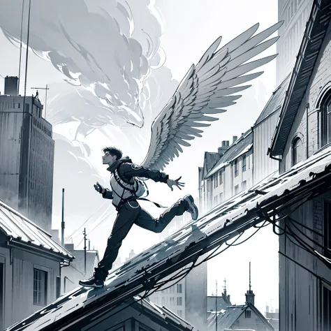 The guy runs to the edge of the roof ,  behind him are two angel wings, against the background of a gray and boring city ,  side view