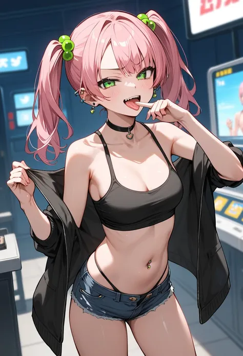 score 9, score 8 up, score 7 up, source anime,rating explicit,break, 1girl,mesugaki, twintails,pink hair,middle hair, green eyes,  piercings,high quality, detailed shiny skin, detailed beautiful hair, detailed beautiful eyes, (high resolusion:1.2), 4K, off...