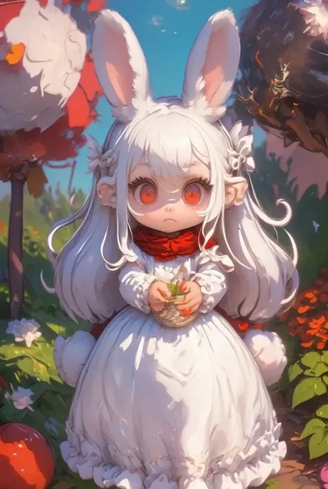 Three Girls:2.0,(Chibi,cute, smaller,Blue Hair, very long hair,bangs,(Fluffy white rabbit),Bunny ears,Red eyes,Big Eyes, Beautiful Sparkling Eyes , white skin,Big hair ribbon,Blue Princess Dress,wired skirt,Chest,Full body image),Fairy tale background,Smil...