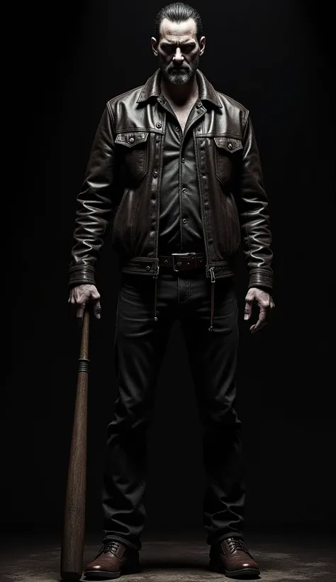 Negan. 





 



.thin. Evil smile.in a leather jacket.  is getting ready to smash the enemys head. 
 negative white on black , detailing, HD,  middle plan bottom view .  with a baseball bat in hand . aggressive style , Aggressive stance. brutal, backgrou...